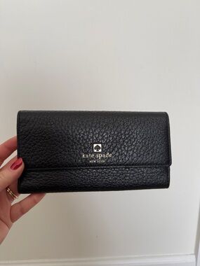 kate spade Black Pebbled Leather Fold-Over Wallet with Gold Logo